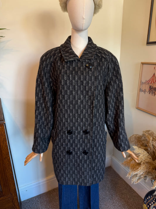Vintage 1980s St Michael Pure New Wool Grey Herringbone Double Breasted Coat - Size X Large