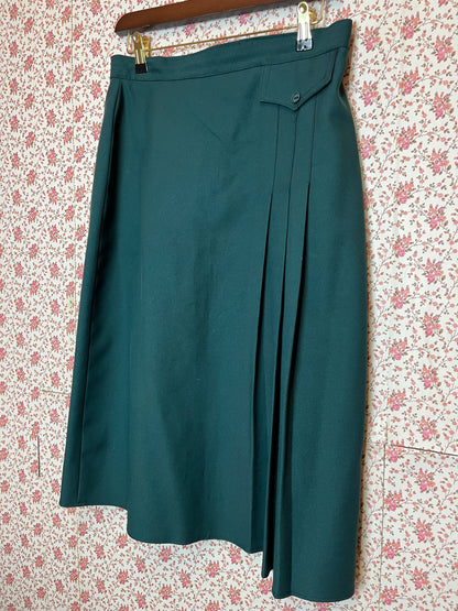 Vintage 1970s Dark Green Pleat Detail Midi Skirt