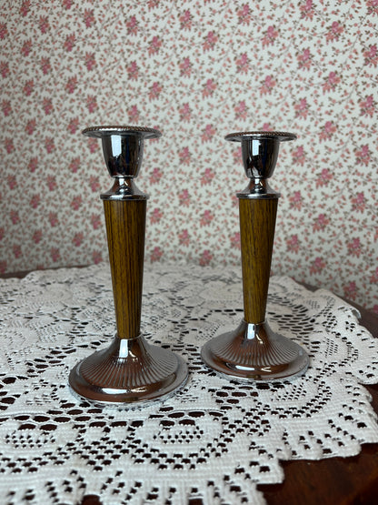 Vintage Mid-Century Wood Effect Chrome Candlestick Holders