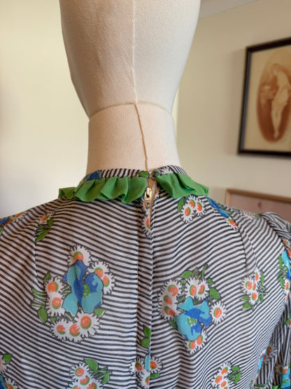Vintage 1960s Floral Striped Puffed Sleeve Mini Dress - Size Small