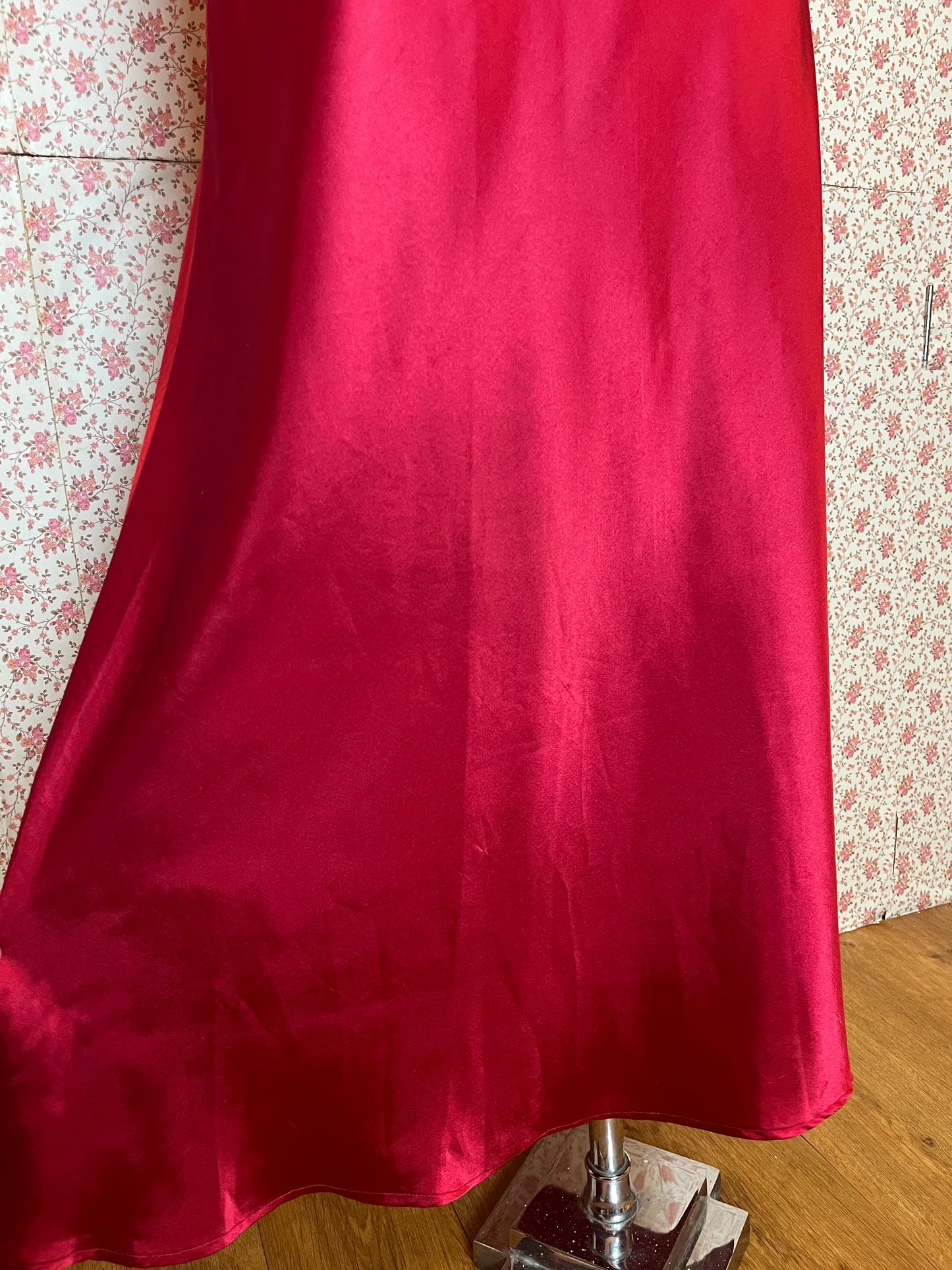 Vintage Oscar de la Renta Red Satin Full Length Slip Dress with Lace