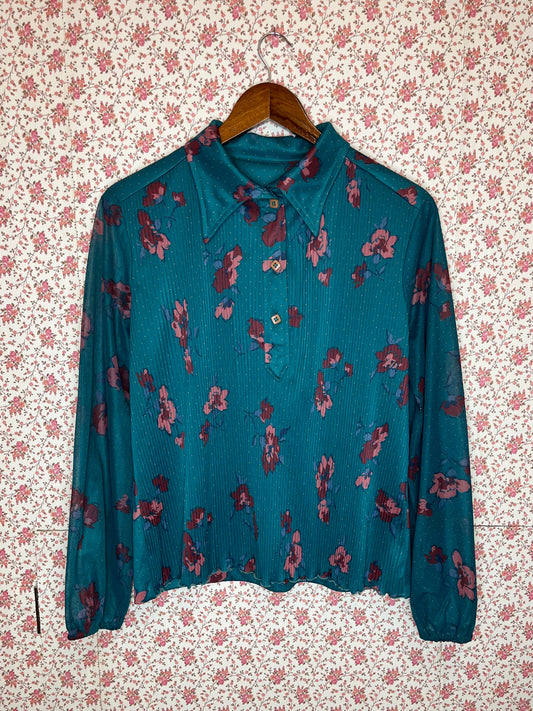 Vintage 1970s Hand Made Teal Plisse Floral Popover Shirt