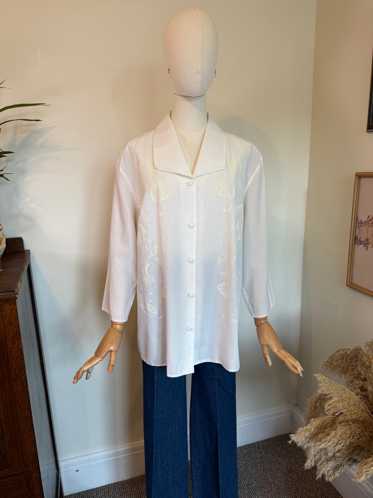 Vintage 1990s C&A Ivory Longline Blouse - Size Large
