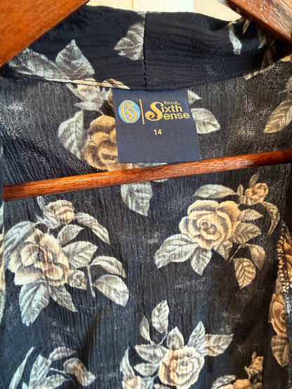 Vintage 1980s Black Floral Rose Print Button Front Blouse - Size Medium