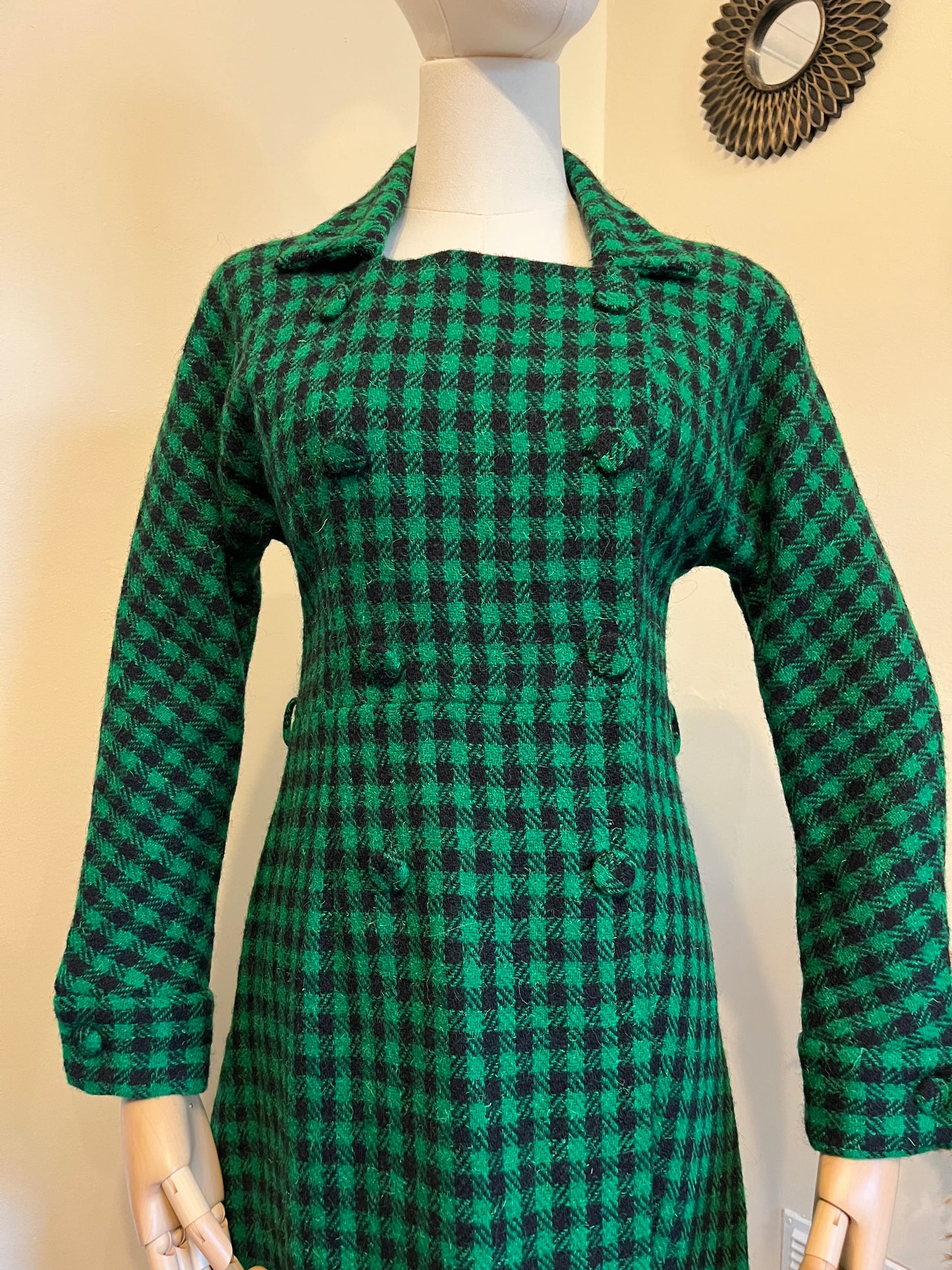 Vintage 1950s Green & Black Checked Wool Coat