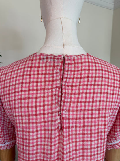Vintage 1970s Pink Gingham Trimmed Top - Size Medium