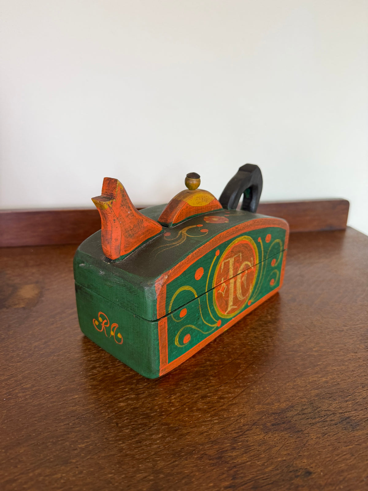 Vintage 1970s Hand Painted Folk Art Wooden Tea Box