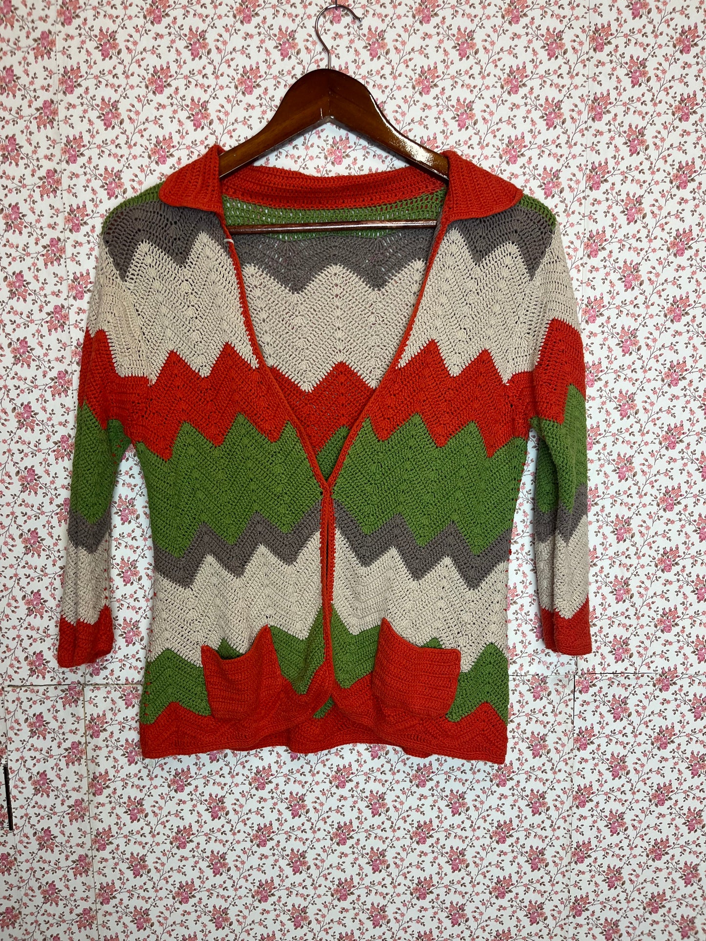 Vintage 1970s Hand Made Crochet Zig Zag Cardigan