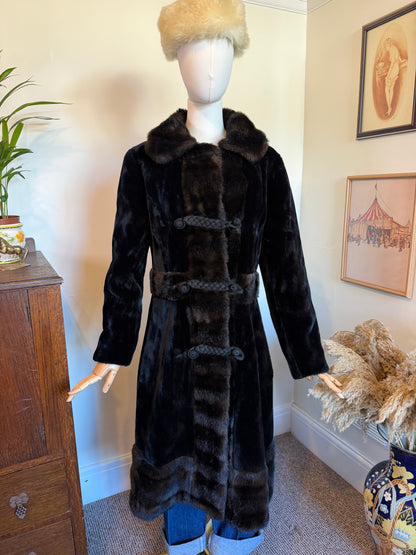 Vintage 1970s Dark Brown Faux Fur Trim Coat - Size Medium