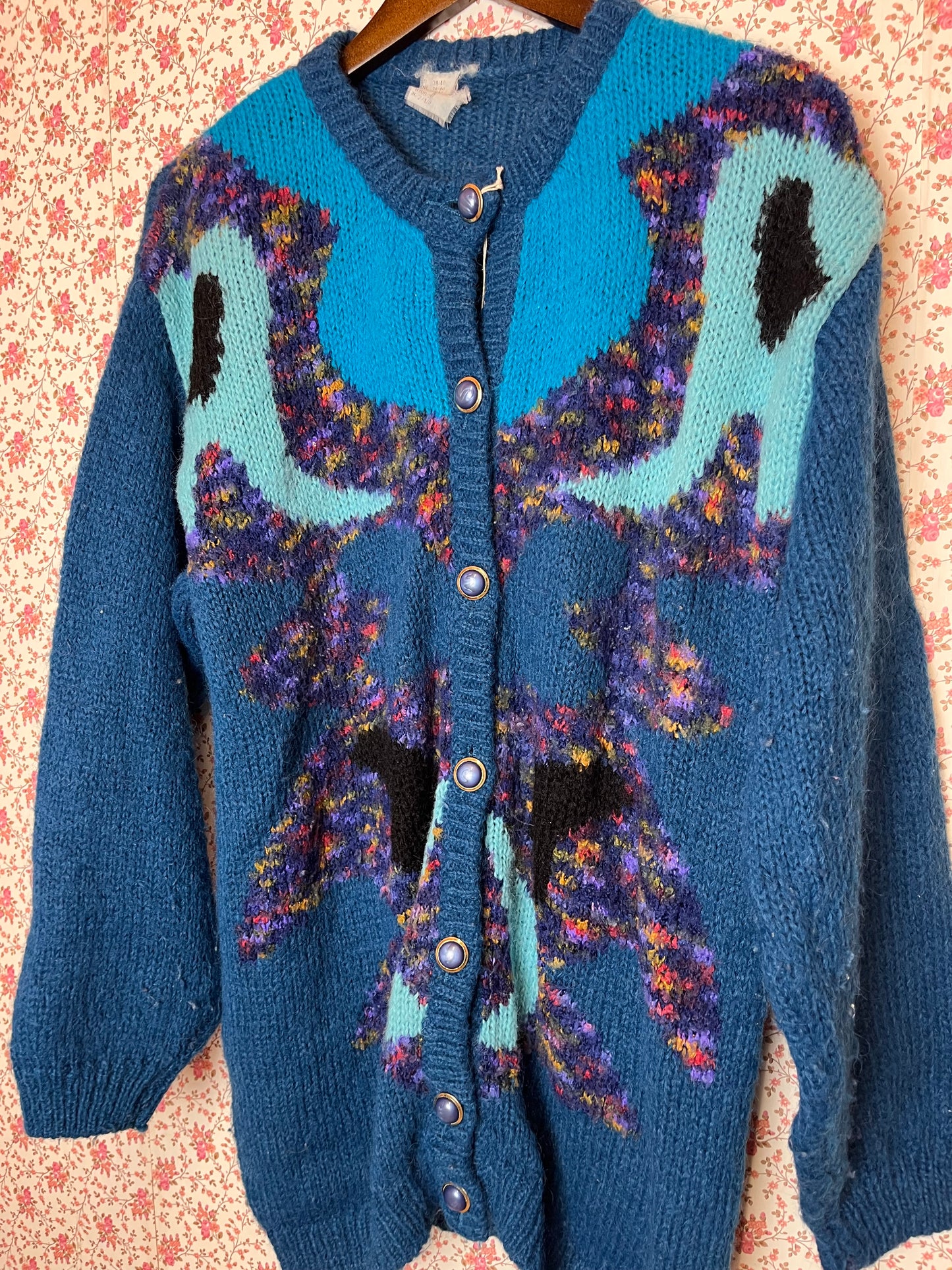 Vintage 1980s Abstract Pattern Blue and Multi Colour Knitted Cardigan