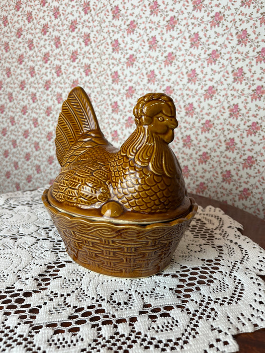 Vintage 1970s Earthenware Hen Glazed Terrine Dish