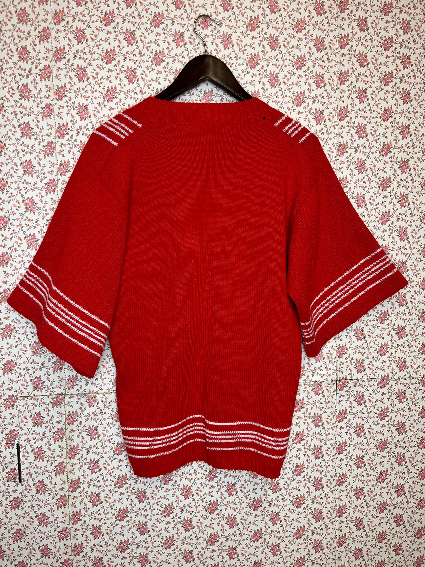 Vintage Original 1960s Hand Knitted Red Jumper Top with White Stripe