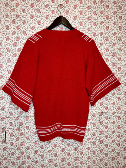 Vintage Original 1960s Hand Knitted Red Jumper Top with White Stripe