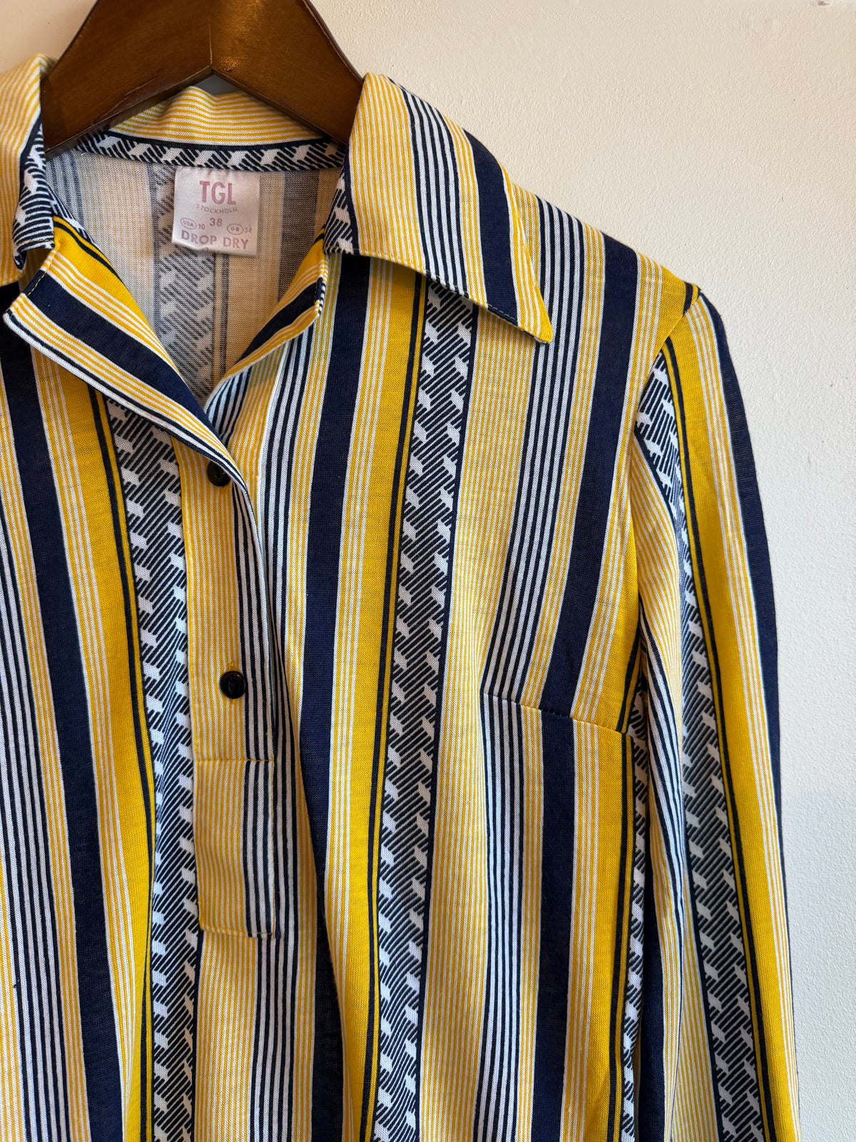 Vintage 1970s Yellow Navy Striped Flared Cuff Shirt - Size Medium