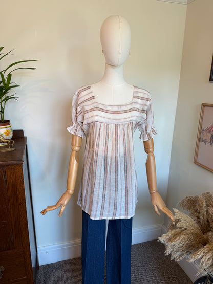 Vintage 1970s Striped Cotton Square Neck Smock Top - Size Small