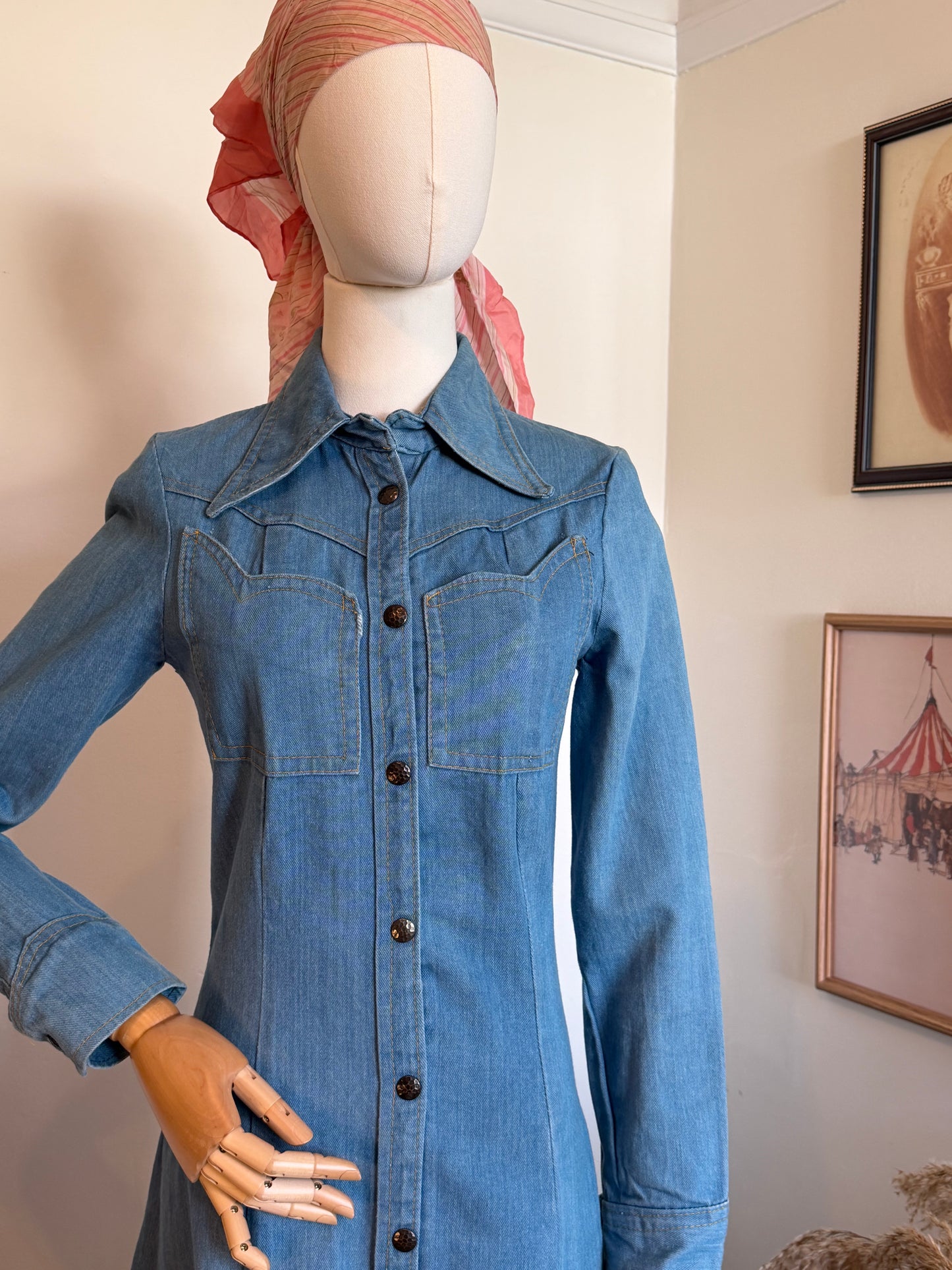 Vintage 1970s Blue Denim Western Collared Shirt Dress - Size Small