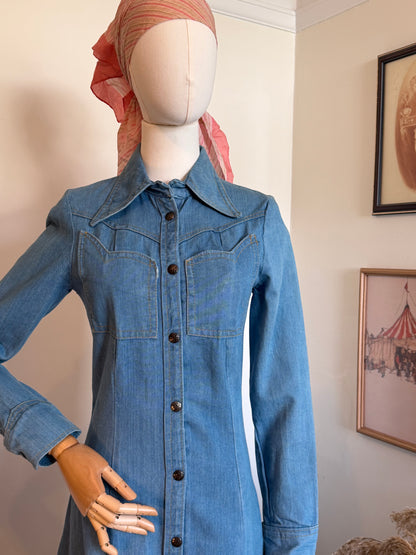 Vintage 1970s Blue Denim Western Collared Shirt Dress - Size Small