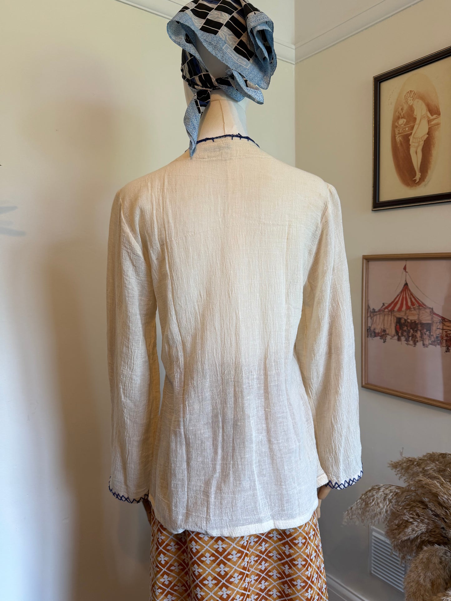 Vintage 1970s Indian Cotton Hand Embroidered Folk Blouse - Size Medium