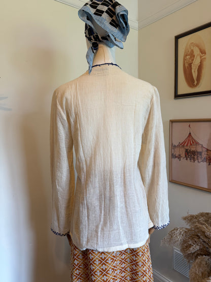 Vintage 1970s Indian Cotton Hand Embroidered Folk Blouse - Size Medium