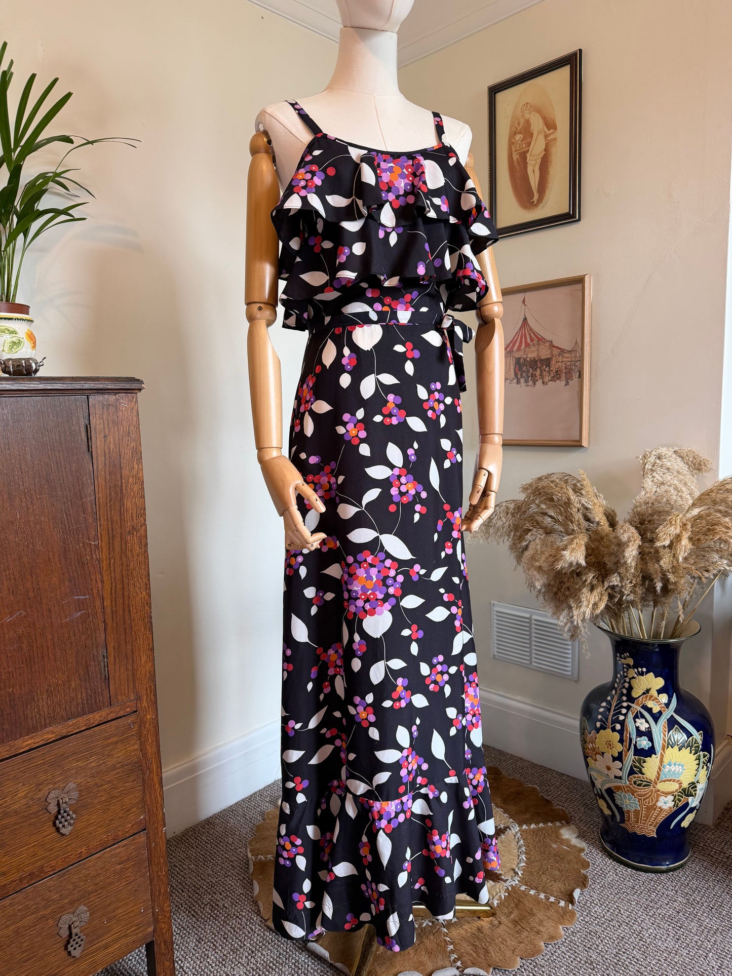 Vintage 1970s Berry Bloom Ruffled Maxi Dress - Size X Small/Small
