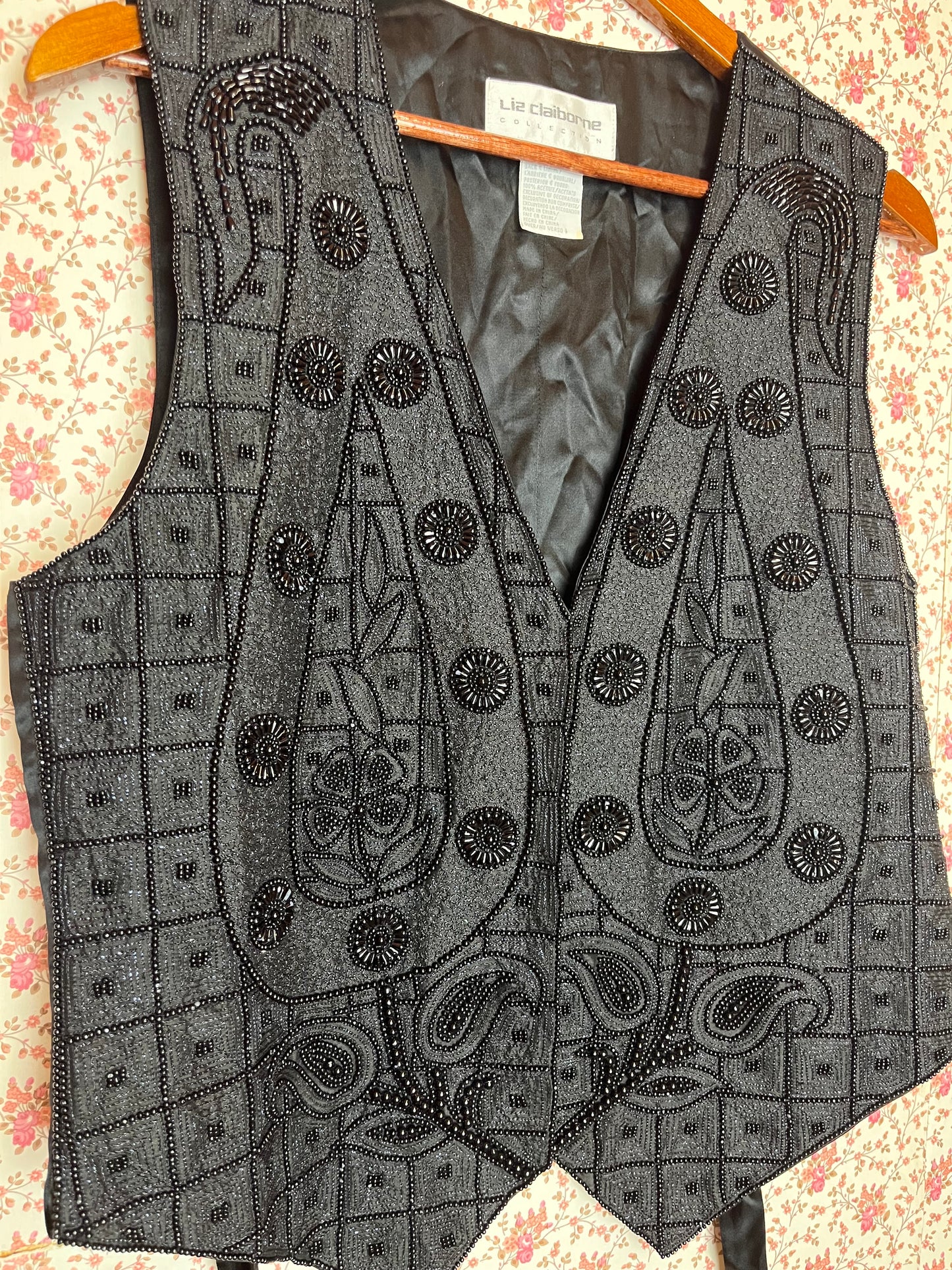 Vintage 90s Heavily Beaded Black Silk Waistcoat