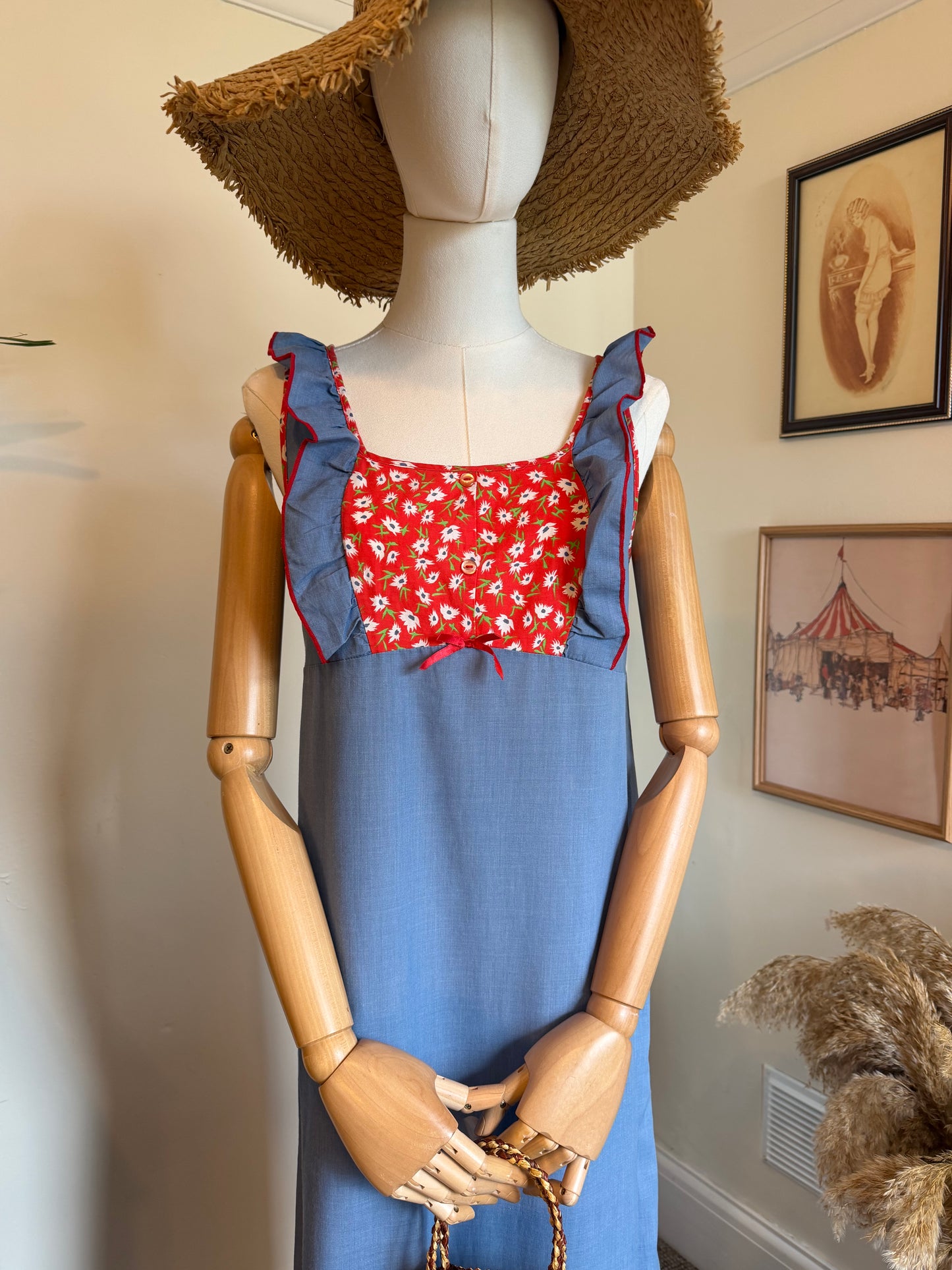 Vintage 1970s Prairie Ruffle Chambray & Floral Maxi Dress - Size Small/Medium