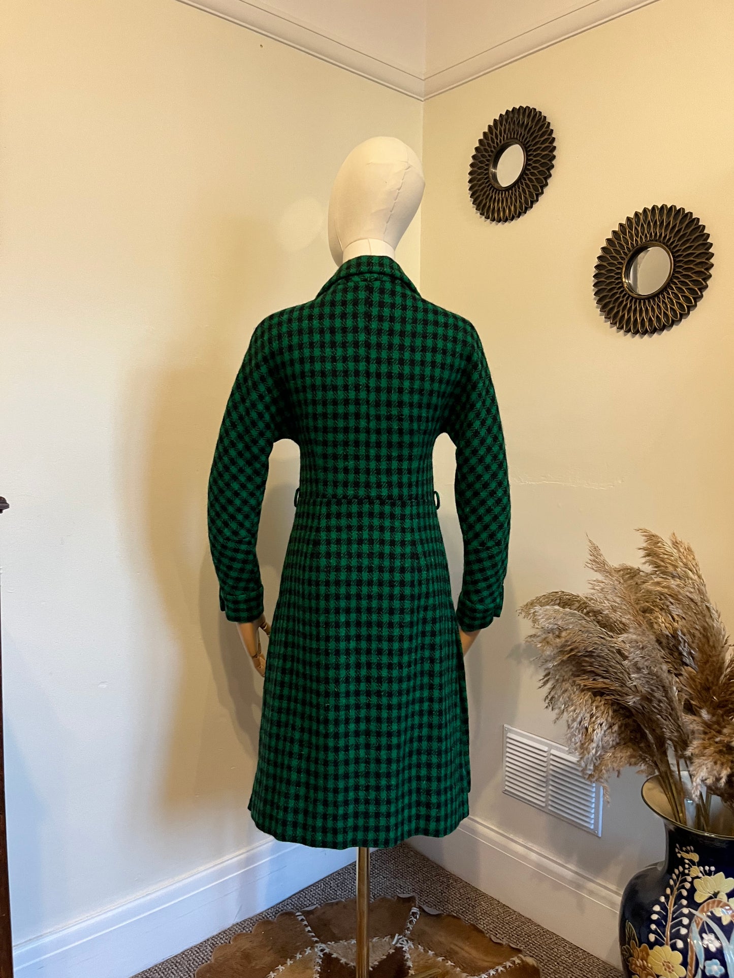 Vintage 1950s Green & Black Checked Wool Coat