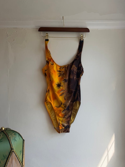 Vintage 1970s Mustard & Chocolate Floral Swimsuit