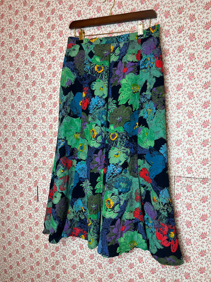 Vintage 1980s Multi Colour Abstract Floral Printed Midi Skirt