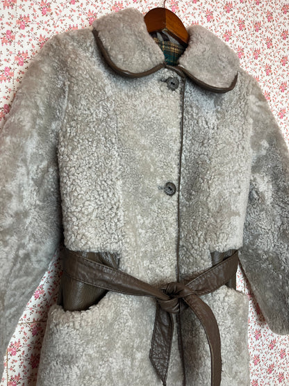 Vintage 1970s Shearling Teddy Bear Coat with Leather