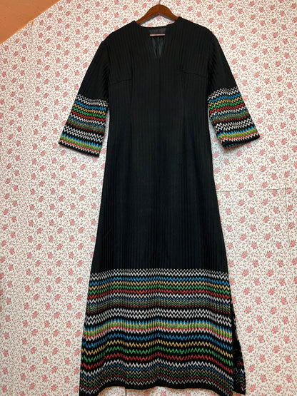 Vintage 1970s Rib Knit Maxi Kaftan with Mutli Colour Metallic Zig Zag