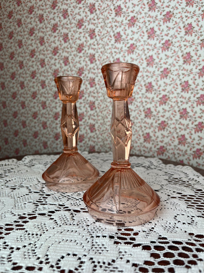 Vintage Art Deco Pink Glass Candlestick Holders set of 2