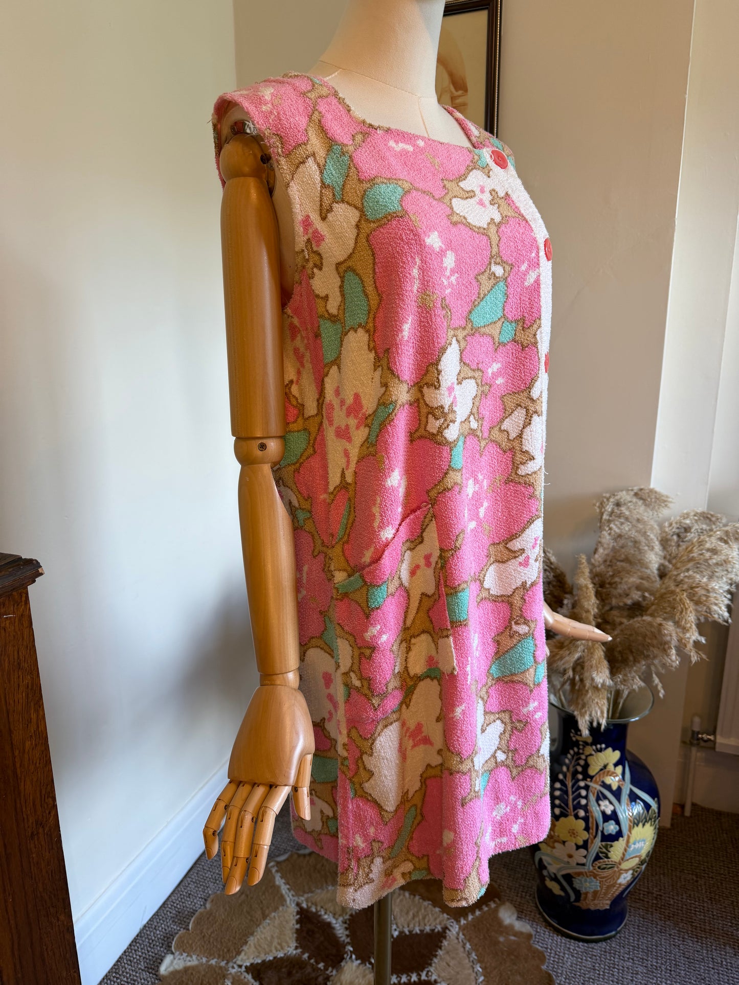 Vintage 1960s Pink & White Towelling Mini Shift Dress - Size Medium/Large