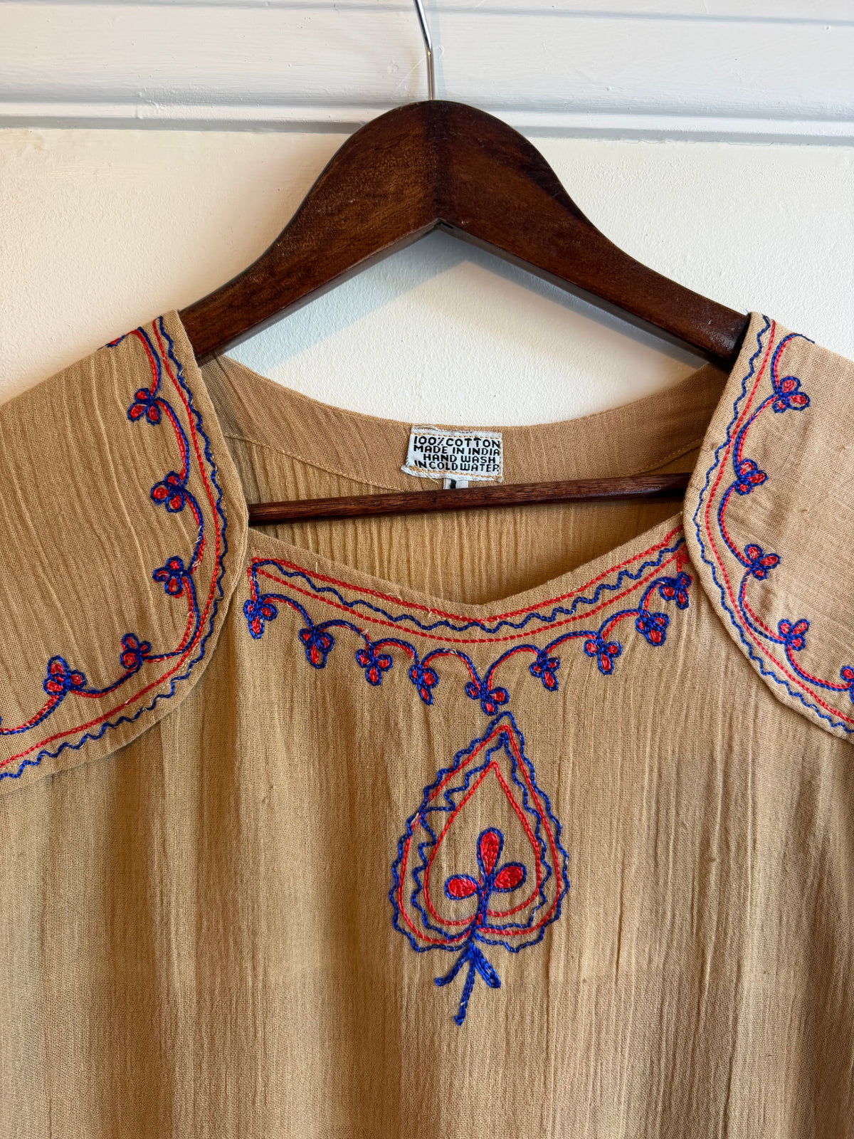 Vintage 1970s Tan Cotton Embroidered Square Neck Top - Size Small/Medium