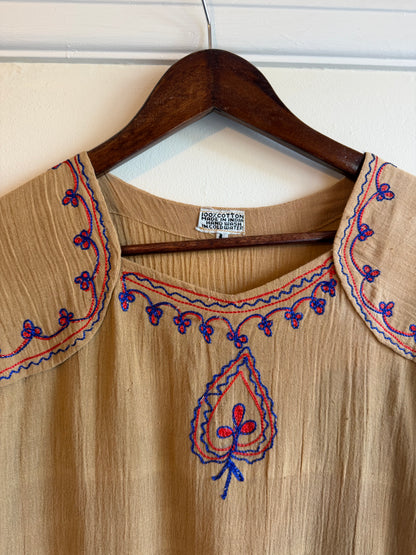 Vintage 1970s Tan Cotton Embroidered Square Neck Top - Size Small/Medium