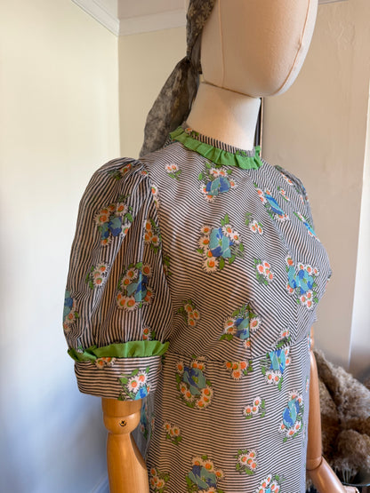 Vintage 1960s Floral Striped Puffed Sleeve Mini Dress - Size Small