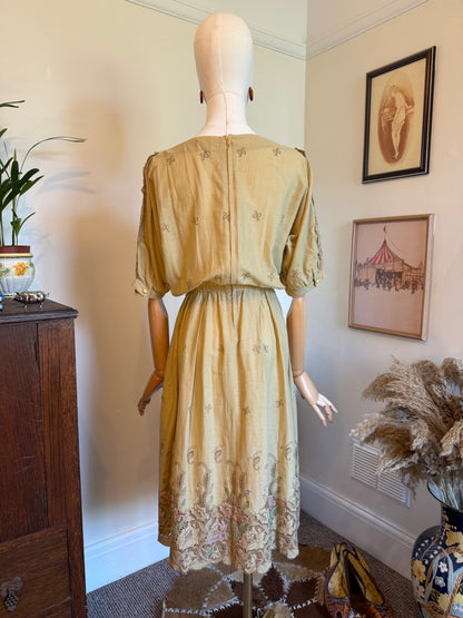 Vintage 1950s Cotton Broderie Anglaise Painted Tea Dress - Size Small/Medium