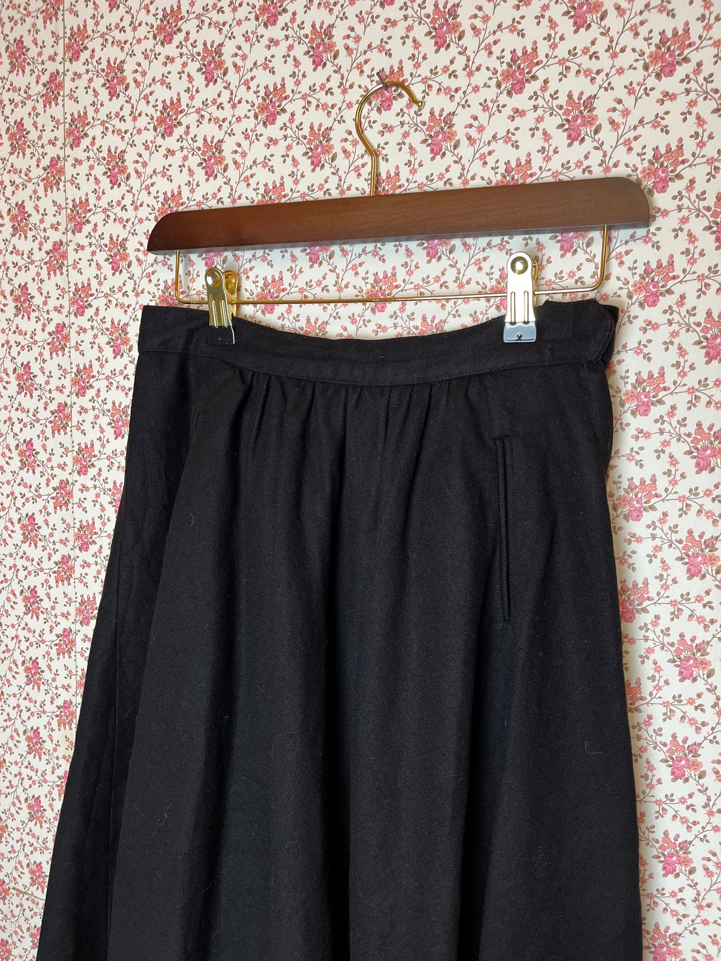 Vintage ILGWU Black Wool Pleated Skirt with Pockets