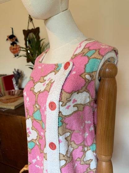 Vintage 1960s Pink & White Towelling Mini Shift Dress - Size Medium/Large