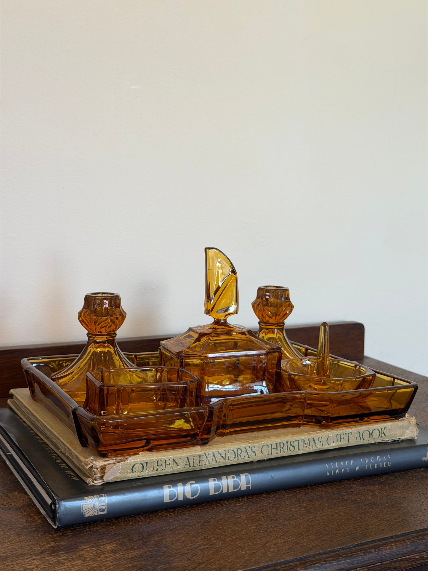 Vintage 1970s Amber Glass Dressing Table Vanity Set