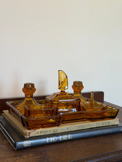 Vintage 1970s Amber Glass Dressing Table Vanity Set
