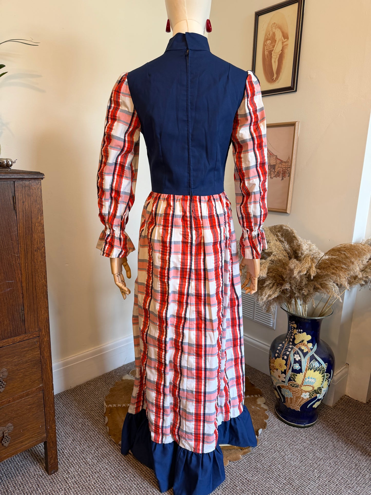 Vintage 1970s Hand Made Checked Long Sleeve Maxi Prairie Dress - Size Medium