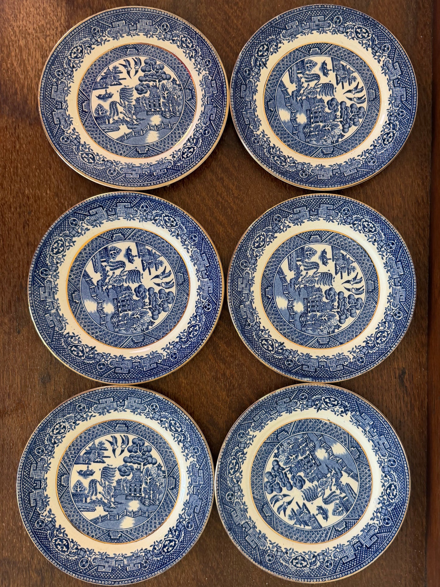 Vintage Staffordshire Blue & White Transferware Plate Set (6 Plates)