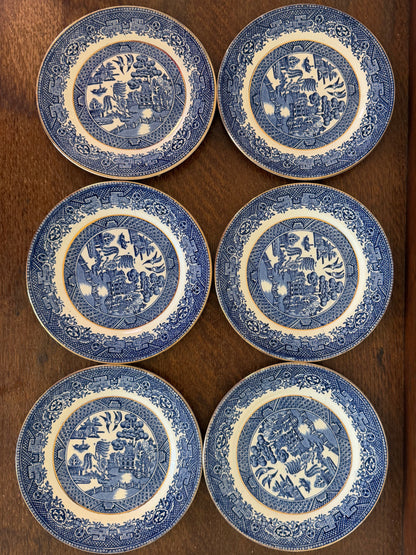 Vintage Staffordshire Blue & White Transferware Plate Set (6 Plates)