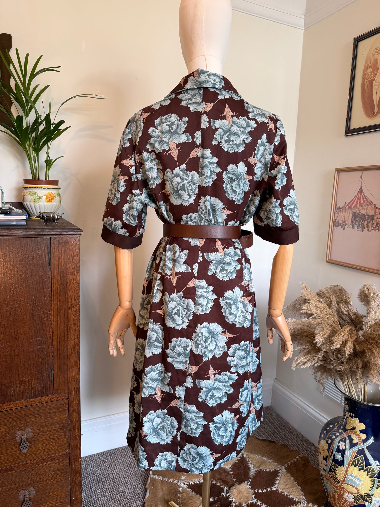 Vintage 1970s Brown & Blue Floral Tea Dress - Size Large