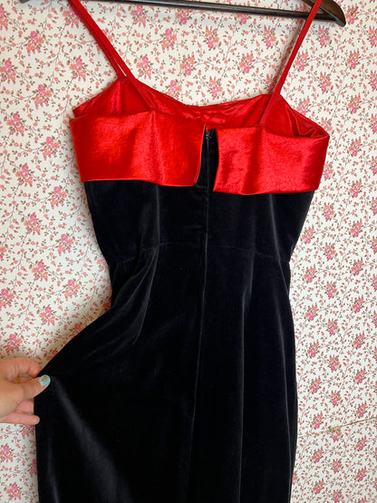 Vintage 1960s Black Velvet & Red Satin Bow Evening Dress