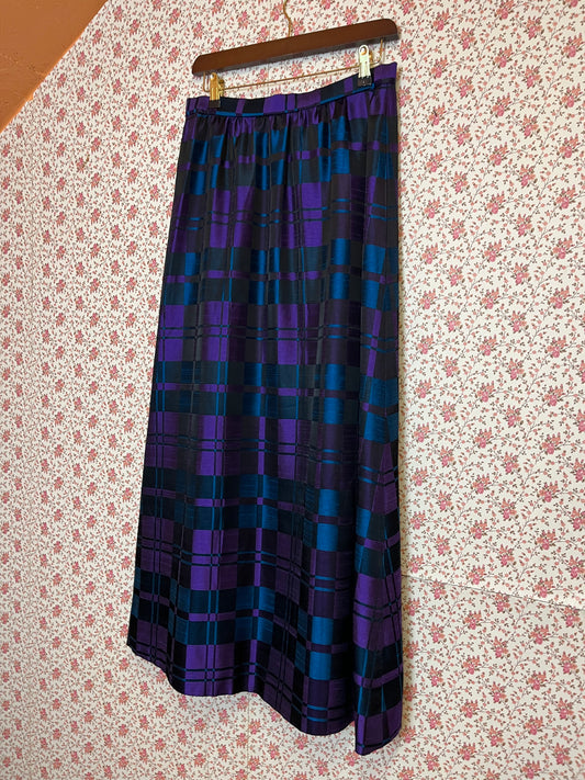 Vintage 1970s Hand Made Checked Satin Maxi Skirt