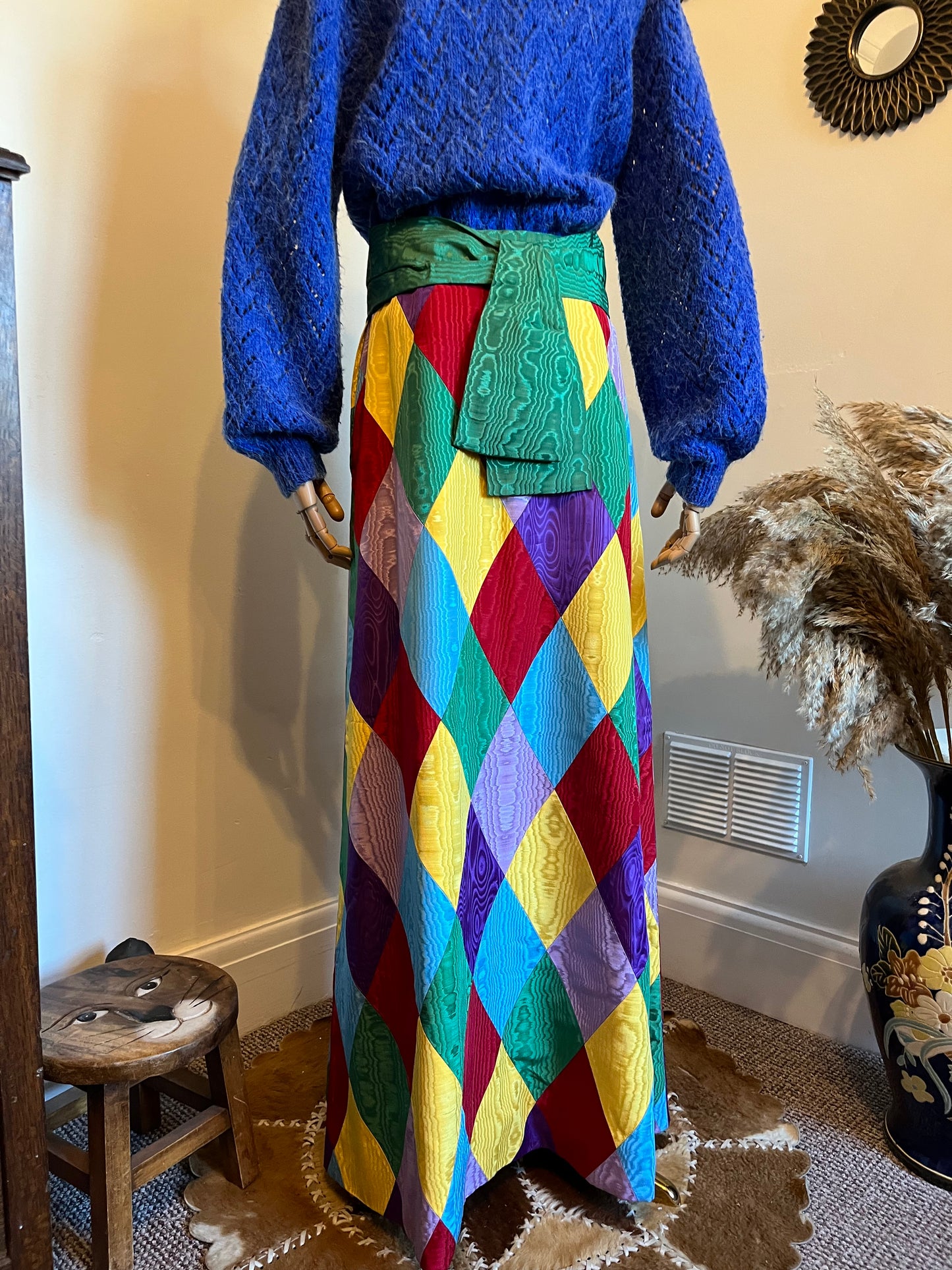 Vintage 1970s Hand Made Harlequin Taffeta Maxi Skirt