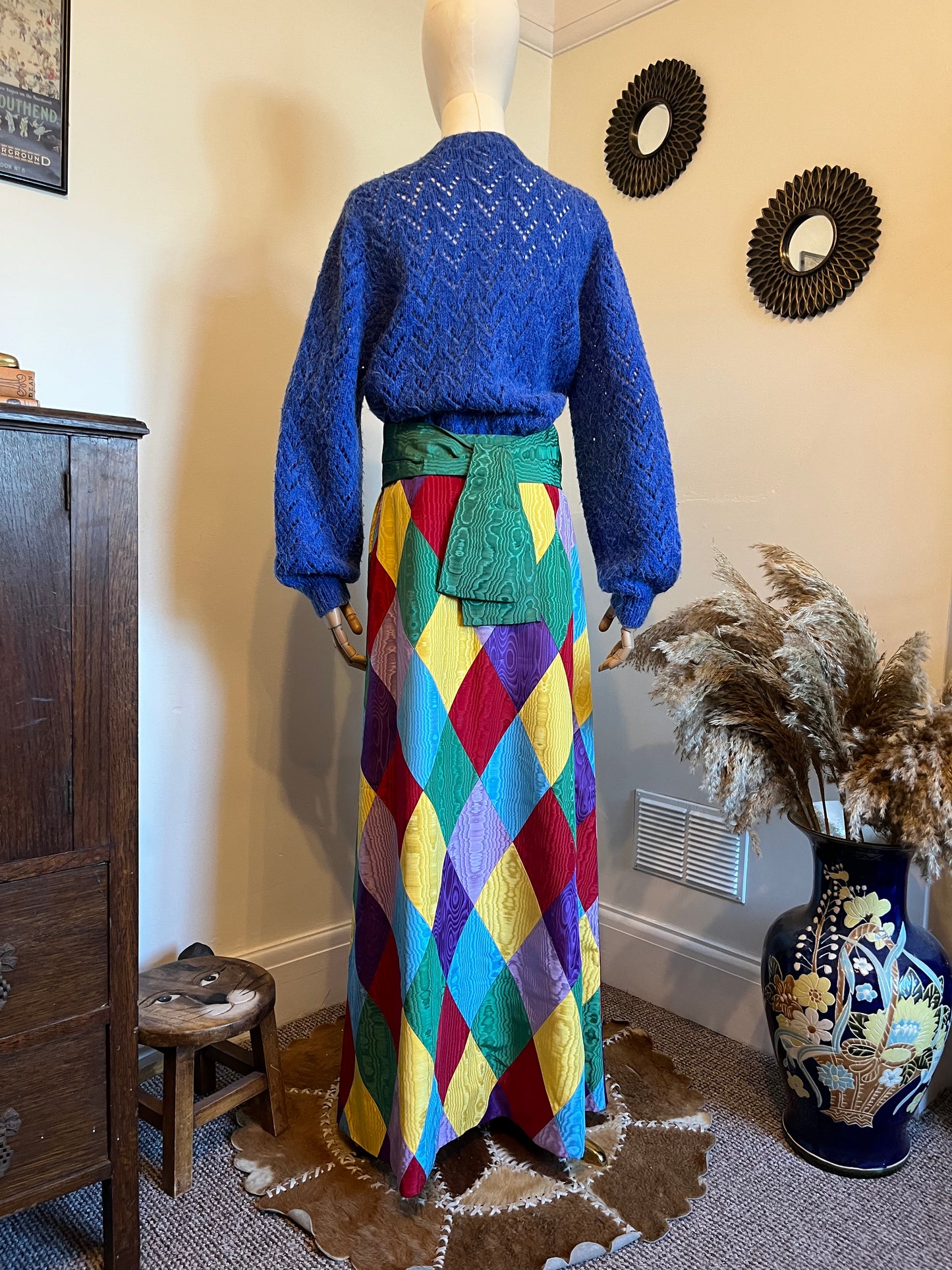 Vintage 1970s Hand Made Harlequin Taffeta Maxi Skirt