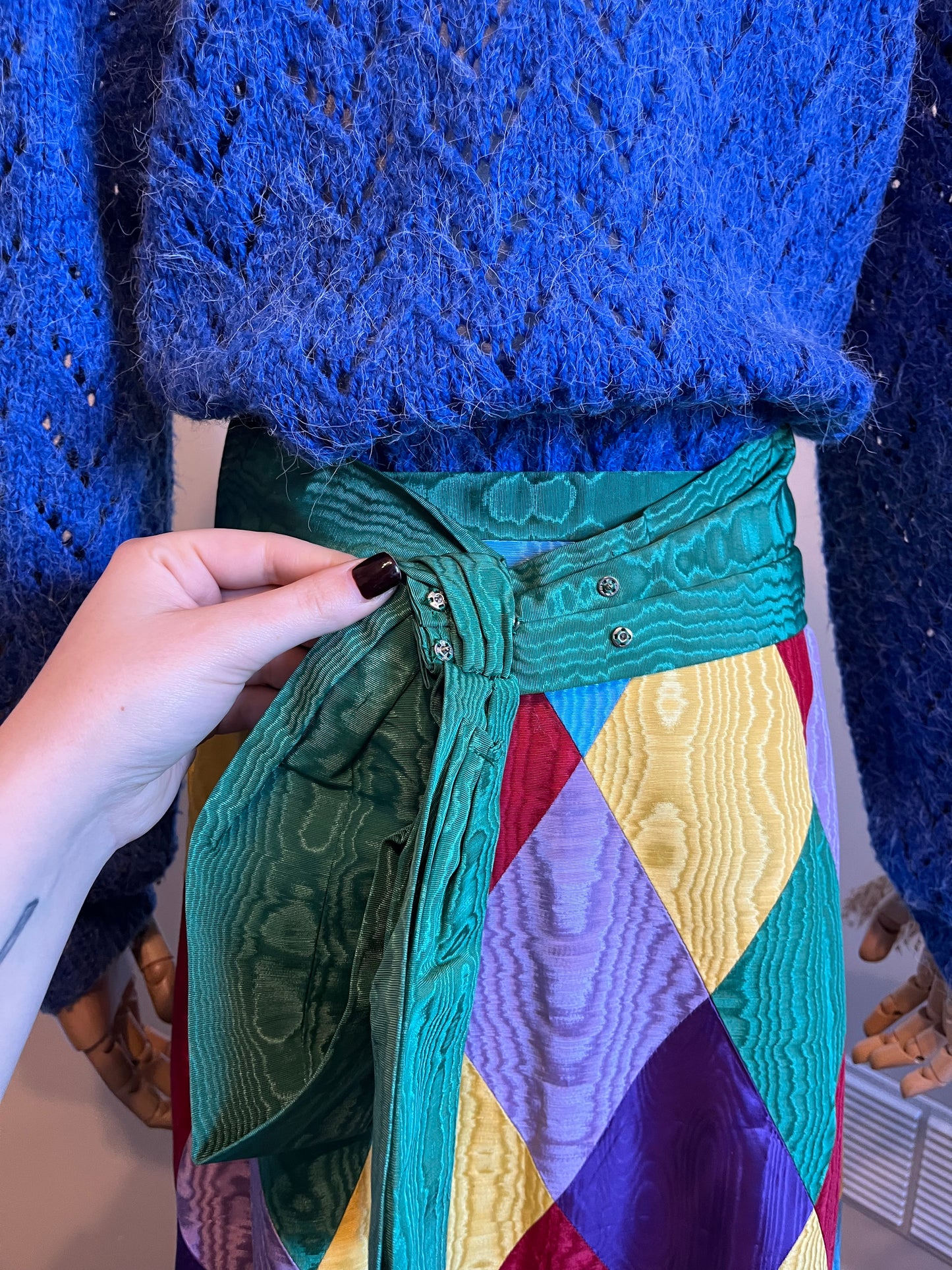 Vintage 1970s Hand Made Harlequin Taffeta Maxi Skirt